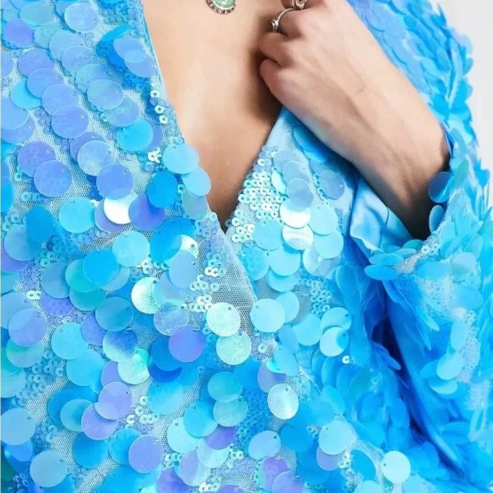 ASOS Iridescent Blue Sequin Long Sleeve Dress - Picture 2 of 5